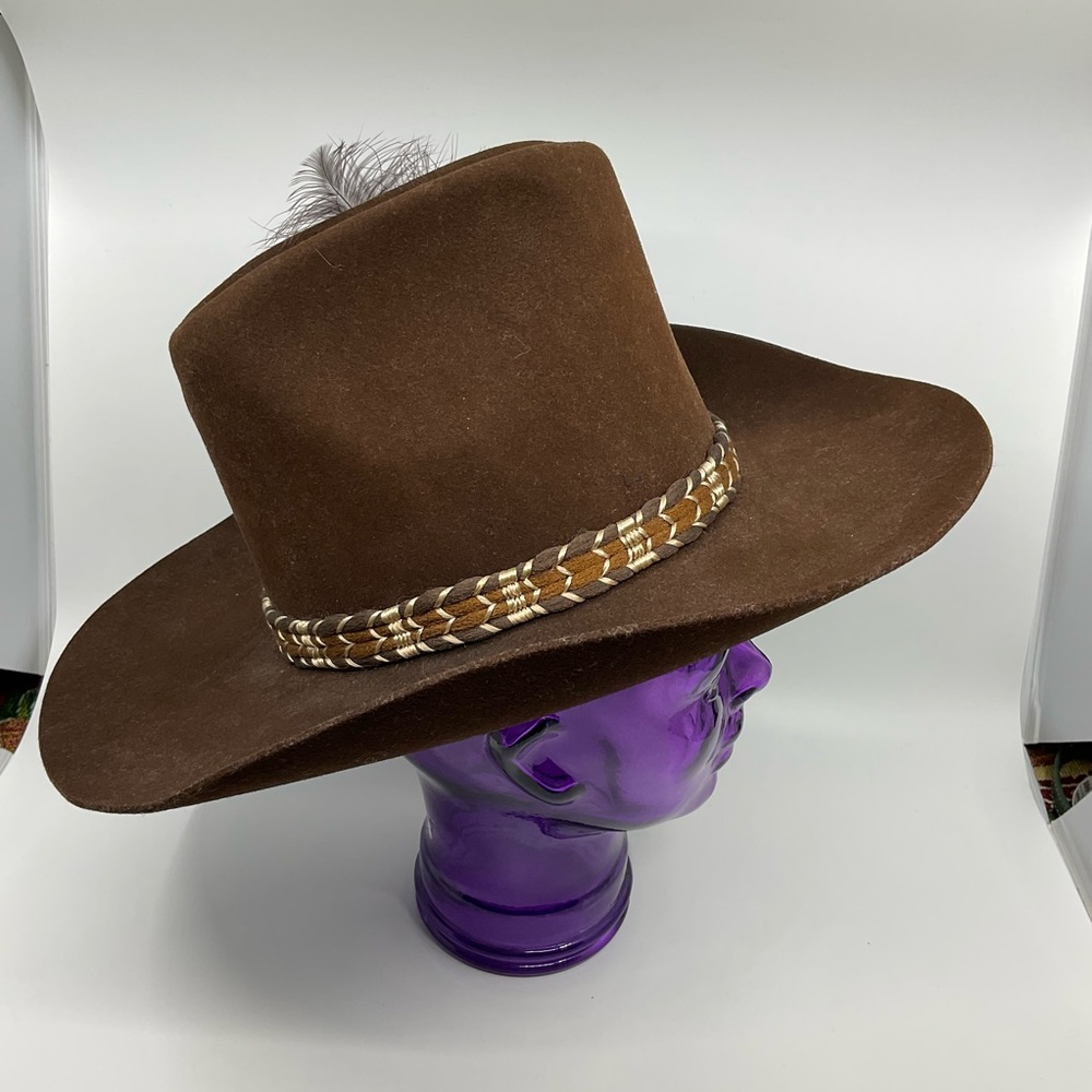 Vintage Lanning Dynafelt Cowboy Hat Feathered Band Made in Canada Western Brown - Picture 4 of 7